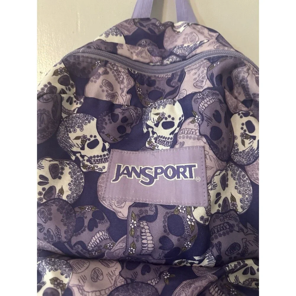 JanSport Backpack Purple Blue Skulls SuperBreak School Discontinued Pattern Y2K